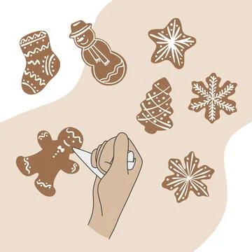 Decor gingerbread cookies. Image hands, top view. Illustrazione stock