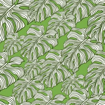 Decor hawaii seamless pattern with random outline monstera leaf ornament. Gre Stock Illustration