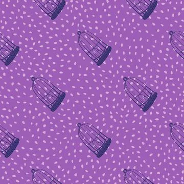 Decor interior seamless pattern with bird cage simple ornament. Purple dotted Stock Illustration