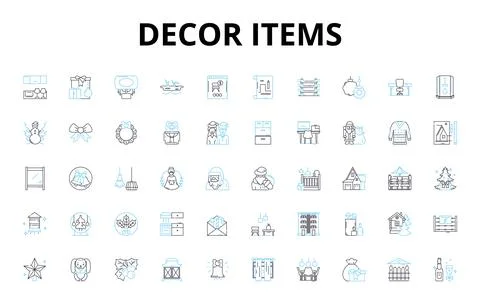 Decor items linear icons set. Vase, Pillow, Lamp, Rug, Tablecloth, Shelves, Arrk Stock Illustration