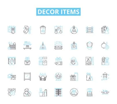 Decor items linear icons set. Vase, Pillow, Lamp, Rug, Tablecloth, Shelves, Arrk Stock Illustration