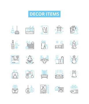 Decor items vector line icons set. Furnishings, Rugs, Lighting, Wallpaper Illustrazione stock