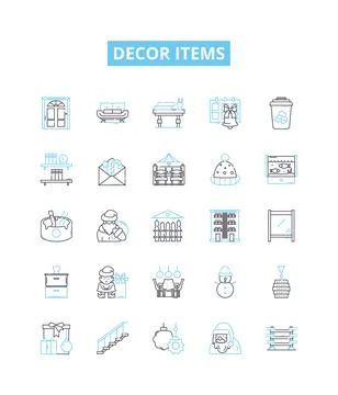 Decor items vector line icons set. Furnishings, Rugs, Lighting, Wallpaper 스톡 일러스트