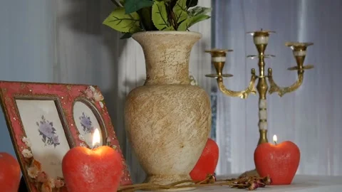 The decor. Panorama from bottom to top vase and candle. Video stock 105671231