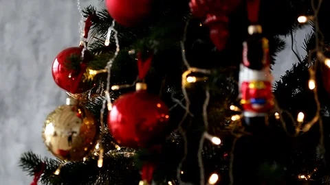 Decor in a photo studio, red balls on a Christmas tree, close-up Stock Footage 85642788