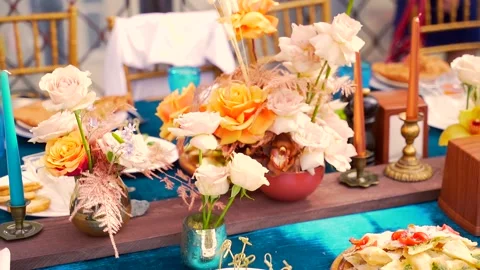 Decor in a rustic style. The outdoor terrace in the restaurant is decorated 스톡 동영상 134641625