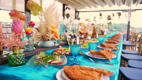 Decor in a rustic style. The outdoor terrace in the restaurant is decorated 스톡 동영상 134641745