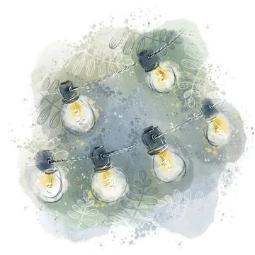The decor of the space, the festive table with lamps on a green background Illustrazione stock