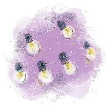 The decor of the space, the festive table with lamps on a lilac, pink background Illustrazione stock