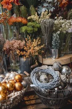 The decor store displays a diverse array of New Year decorations. 写真素材