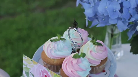 Decor sweet table. White table with sweets on nature. Wedding cakes and flowers. Stock Footage 61715266