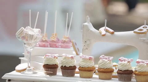 Decor Sweet Table. White Table With wedding cakes Stock Footage 64348457