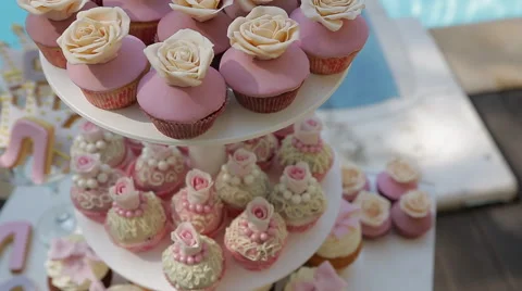 Decor Sweet Table. White Table With wedding cakes Stock Footage 64348699