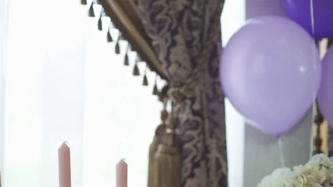 Decor, sweet table. White table with sweets. Wedding cakes and flowers. Stock Footage 76131361