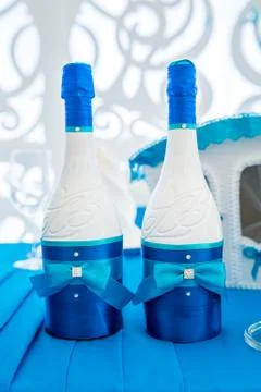 Decor on the table, bottles of champagne 写真素材