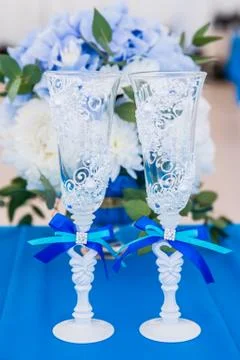 Decor on the table, bottles of champagne Stock Photos