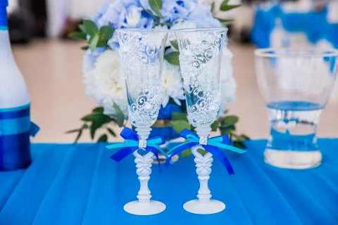 Decor on the table, bottles of champagne Stock Photos