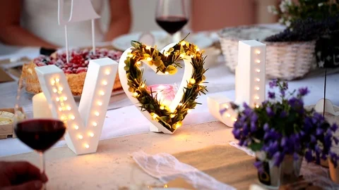 Decor on the wedding table during the gala dinner. Bokeh Video stock 121328022