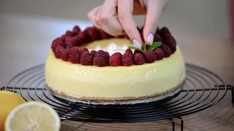 Decorate classical New York cheesecake mint leaves Stock Footage 84602353