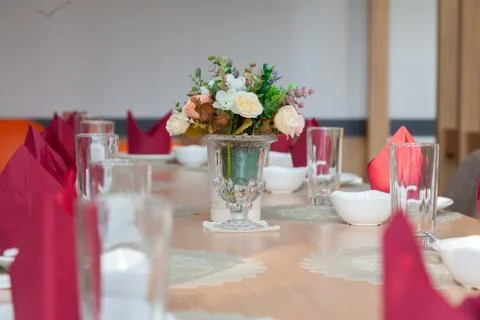 Decorate serving table setting for party with red napkin Stock Photos