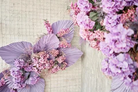 Decorate wall backdrop of artificial leaf and hydrangea. It is wedding time Stock Photos
