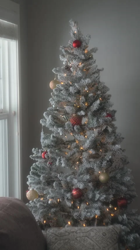 Decorated and lit Christmas tree next to a window. Vertical Format Stock Footage 319810186