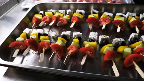 Decorated banquet table with appetizers canapes. buffet for the holiday Stock Footage 336664598