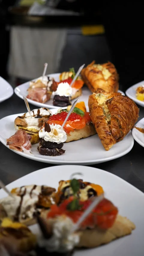 Decorated banquet table with appetizers canapes. buffet for the holiday Stock Footage 337592503