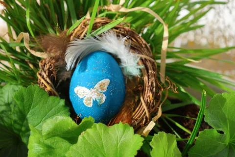 Decorated Blue and Gold Easter Egg in a Rustic Nest with Grass Stock Photos