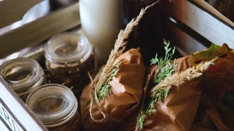 Decorated breakfast box in autumn style Stock Footage 200819583