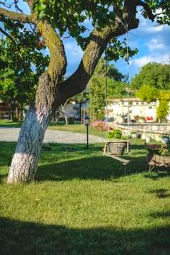 Decorated broken swing under a tree against blurry background. Stock Photos
