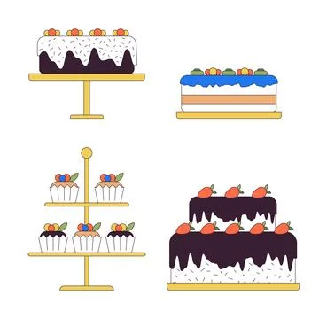 Decorated cakes on stands 2D linear cartoon objects set Stockillustratie