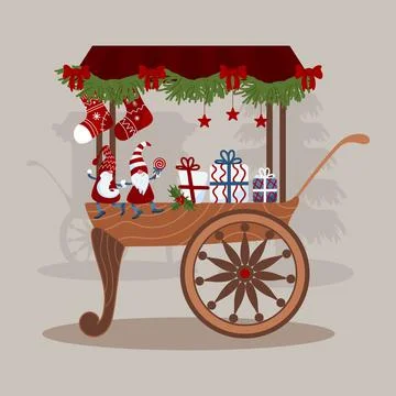 Decorated carts, fair stall counters. Christmas markets fairs. Bright little Stock Illustration