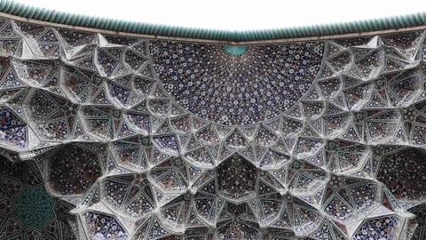 Decorated ceiling of Sheikh Lotfollah Mosque with intricate blue tile patterns Stock Footage 330546192