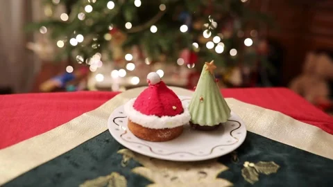 Decorated Christmas dining table with delicious Christmas cakes Stock Footage 285494682