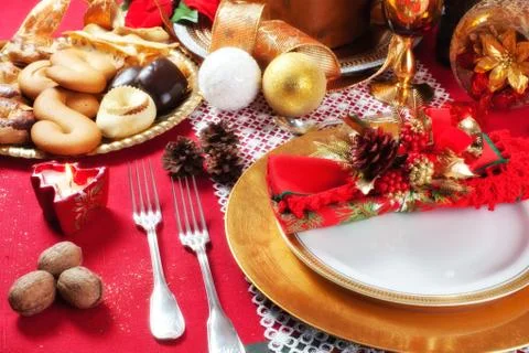 Decorated christmas dinner table setting Stock Photos