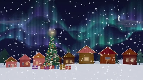 Decorated Christmas tree and falling snow, festive winter village day to night Stock Footage 342280028