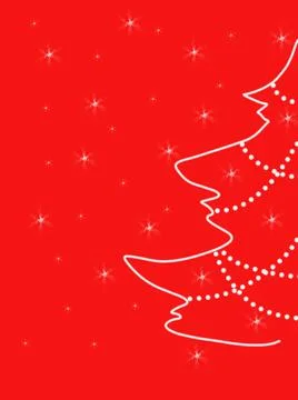 Decorated christmas tree and falling snowflakes on red background copy space Stock Illustration