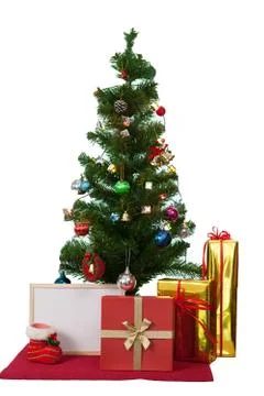 Decorated Christmas tree and gift boxes on white background Stock Photos