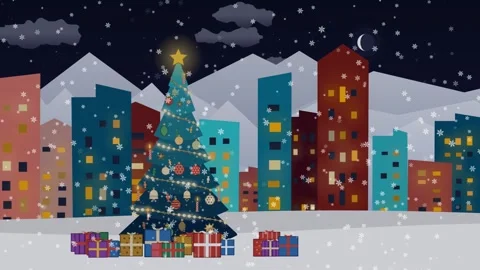 Decorated Christmas tree and presents in a snowy city landscape, loopable Stock Footage 338278795