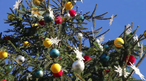Decorated Christmas tree on background blue sky Stock Footage 58490998