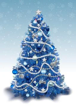 Decorated Christmas Tree in Blue Colored Tones Stock Illustration