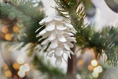 Decorated Christmas tree on blurred, sparkling background Stock Photos