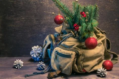 Decorated Christmas tree in canvas backpack on wooden background Stock Photos