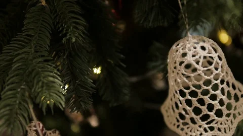 Decorated Christmas tree closeup. Red and golden balls and illuminated garland Vídeos de archivo 99245241