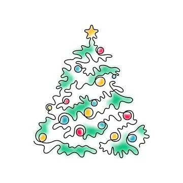 Decorated Christmas tree. Continuous line, colored vector illustration. Stock Illustration