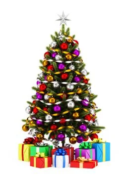Decorated christmas tree with gift boxes isolated on white background Stock Illustration