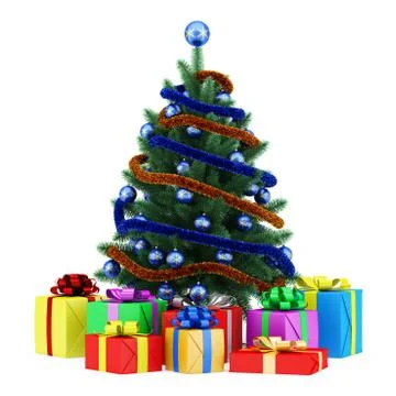 Decorated christmas tree with gift boxes isolated on white background Illustrazione stock