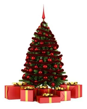 Decorated christmas tree with gift boxes isolated on white background Stock Illustration