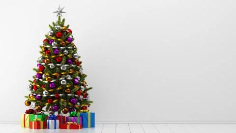 Decorated christmas tree with gift boxes in white room. 3d illustration Stock Illustration